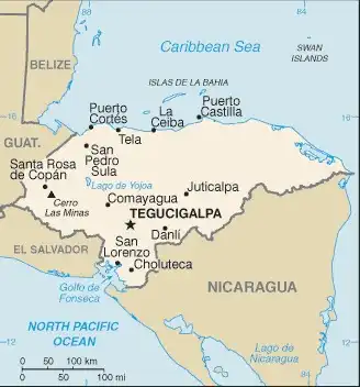 Honduras Map graphic showing major cities and names of neighboring countries