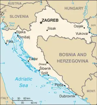 Croatia Map graphic showing major cities and names of neighboring countries