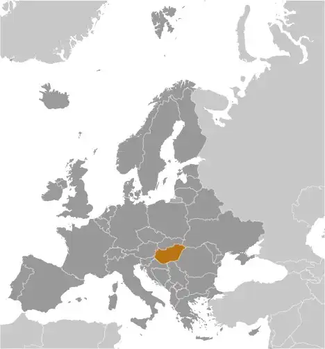 Locator Map of Hungary showing the country on the continent in color