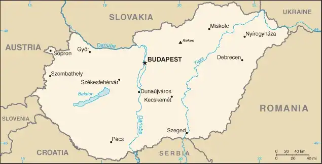 Hungary Map graphic showing major cities and names of neighboring countries