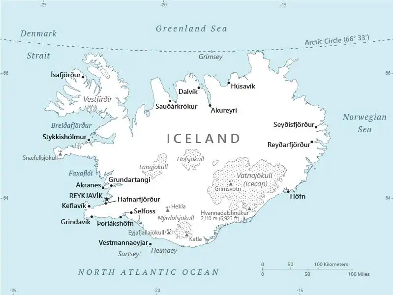 Iceland Map graphic showing major cities and names of neighboring countries
