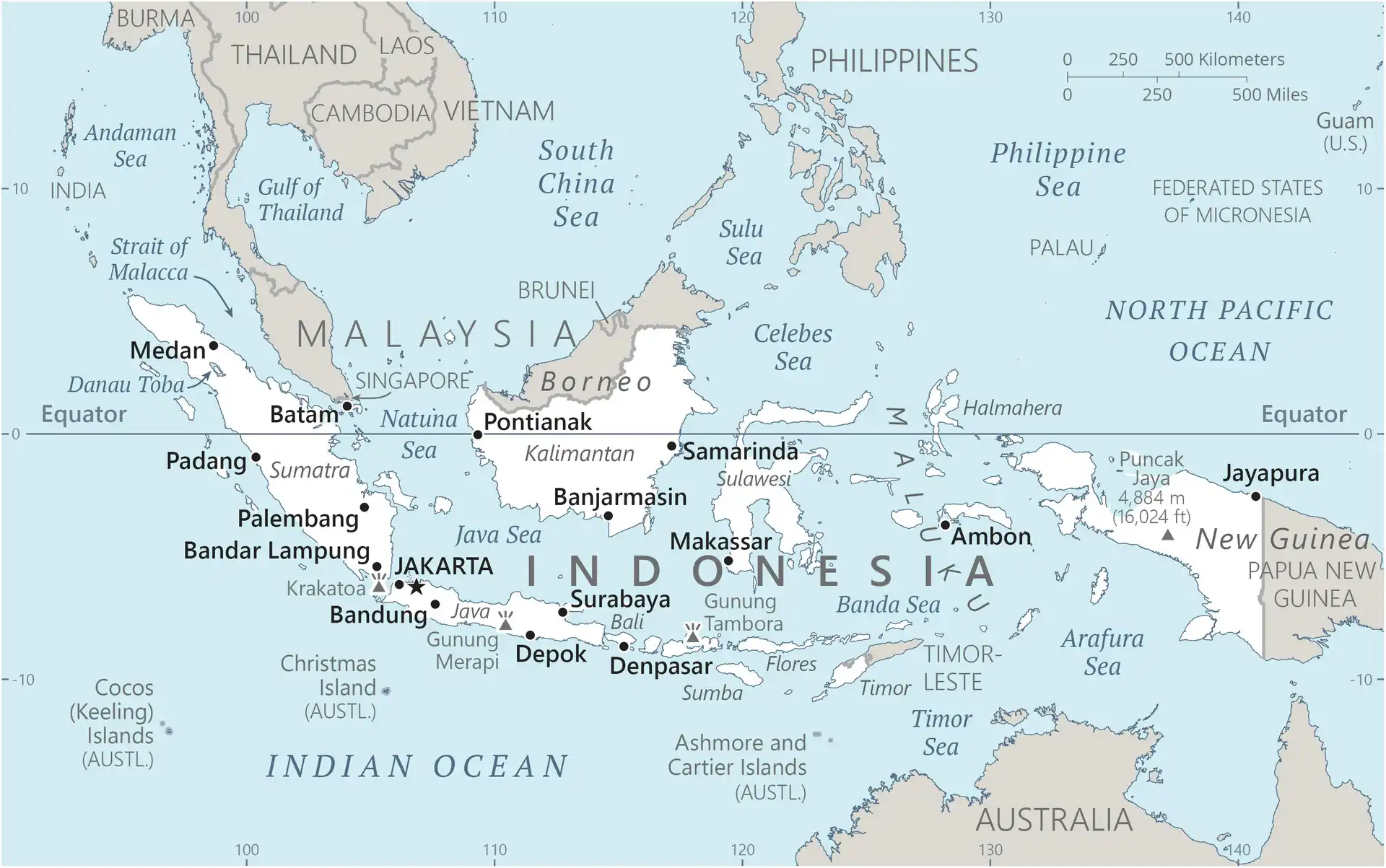 Indonesia Map graphic showing major cities and names of neighboring countries