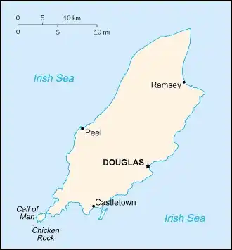 Isle of Man Map graphic showing major cities and names of neighboring countries
