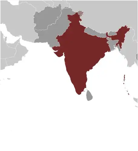 Locator Map of India showing the country on the continent in color