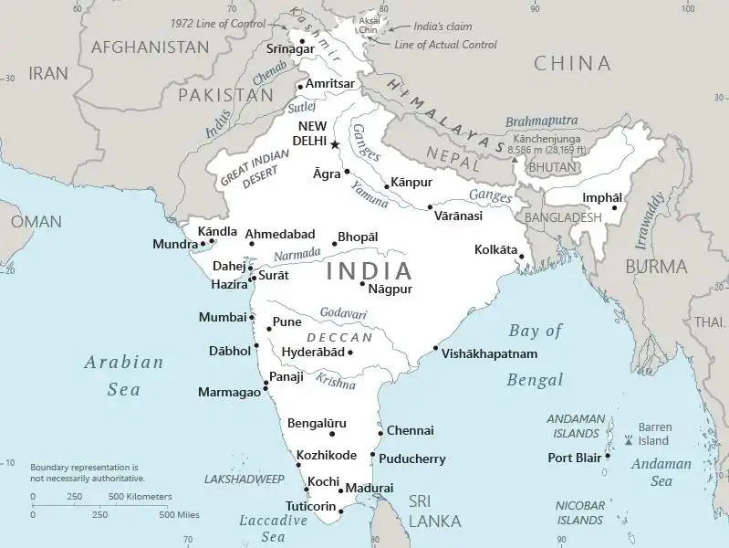 India Map graphic showing major cities and names of neighboring countries