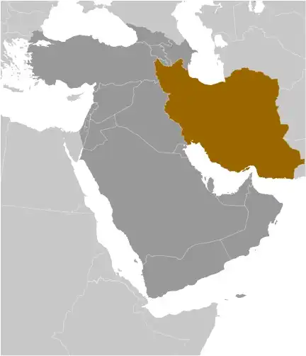 Locator Map of Iran showing the country on the continent in color