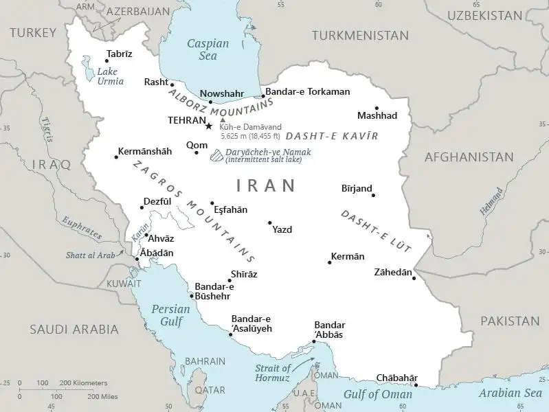 Iran Map graphic showing major cities and names of neighboring countries