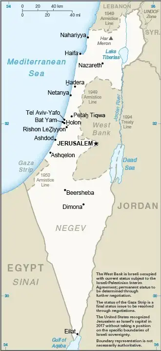 Israel Map graphic showing major cities and names of neighboring countries