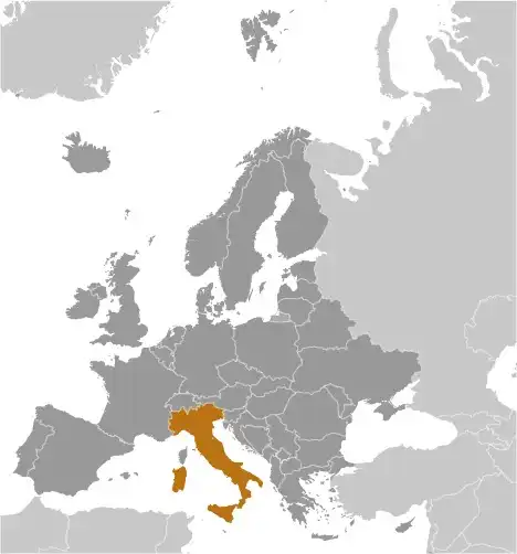 Locator Map of Italy showing the country on the continent in color
