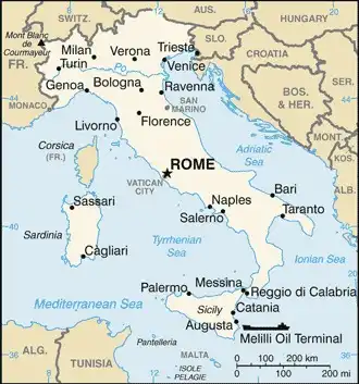 Italy Map graphic showing major cities and names of neighboring countries