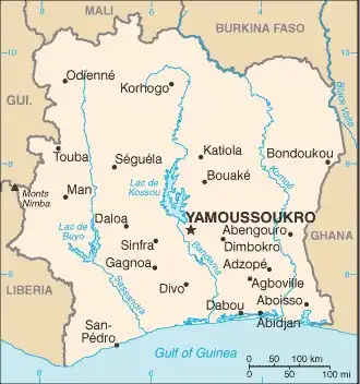 Côte d'Ivoire Map graphic showing major cities and names of neighboring countries