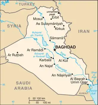 Iraq Map graphic showing major cities and names of neighboring countries