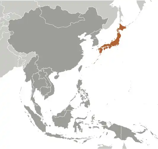 Locator Map of Japan showing the country on the continent in color