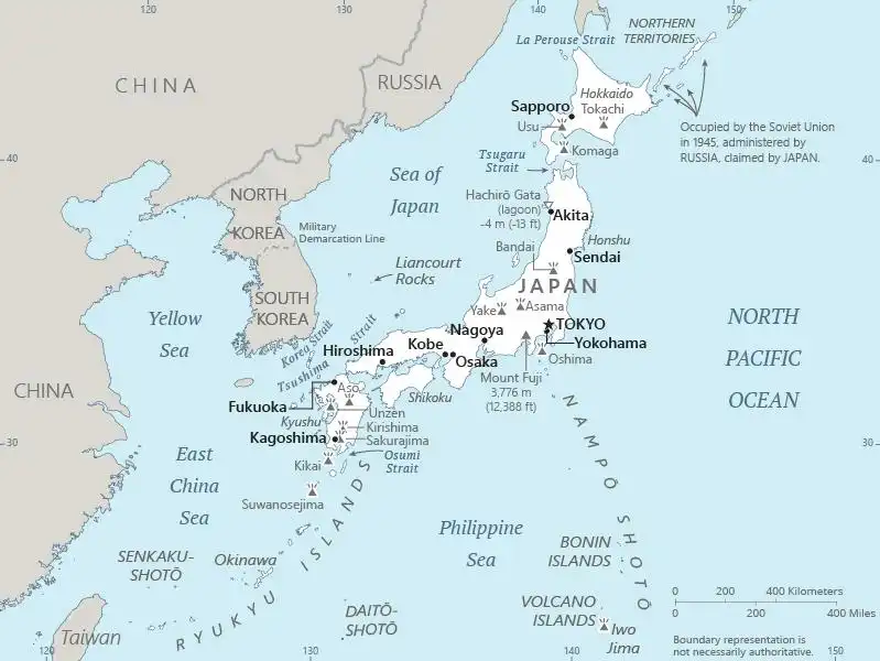 Japan Map graphic showing major cities and names of neighboring countries