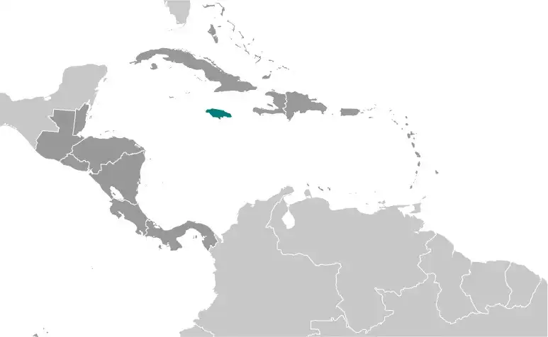 Locator Map of Jamaica showing the country on the continent in color