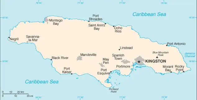 Jamaica Map graphic showing major cities and names of neighboring countries