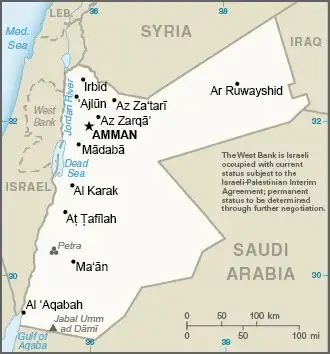 Jordan Map graphic showing major cities and names of neighboring countries