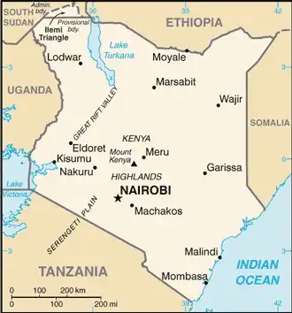 Kenya Map graphic showing major cities and names of neighboring countries