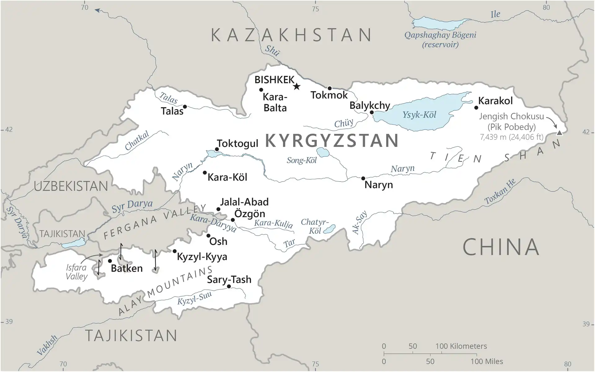 Kyrgyzstan Map graphic showing major cities and names of neighboring countries
