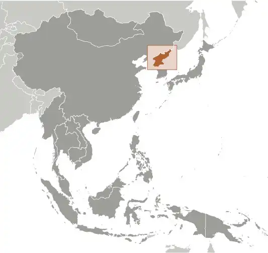 Locator Map of North Korea showing the country on the continent in color