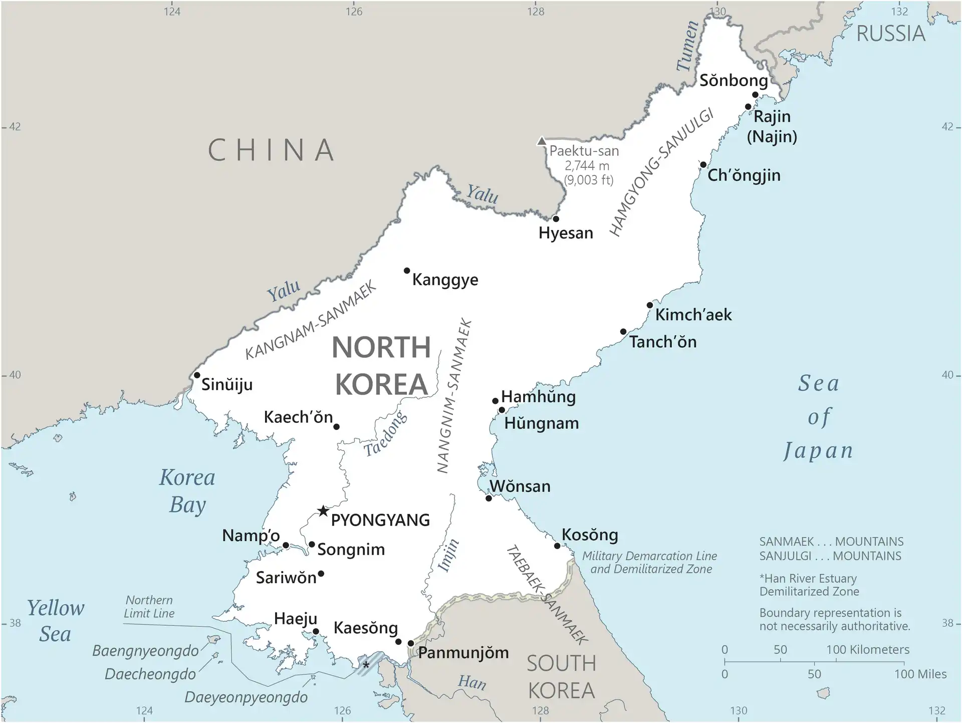 North Korea Map graphic showing major cities and names of neighboring countries
