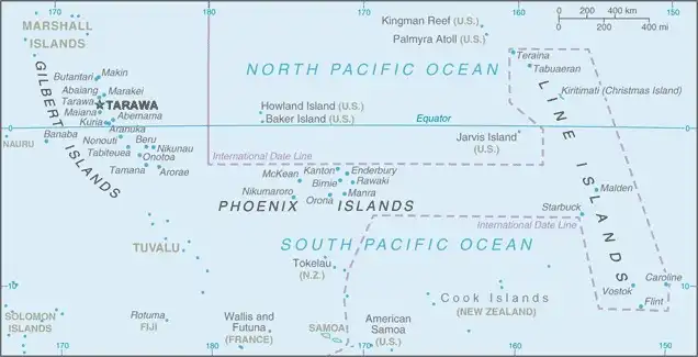 Kiribati Map graphic showing major cities and names of neighboring countries