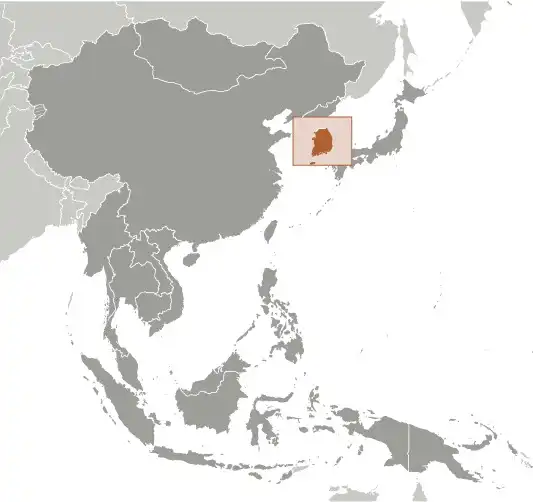 Locator Map of South Korea showing the country on the continent in color