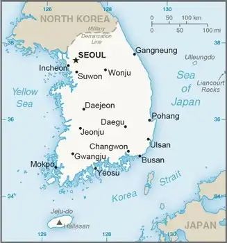 South Korea Map graphic showing major cities and names of neighboring countries