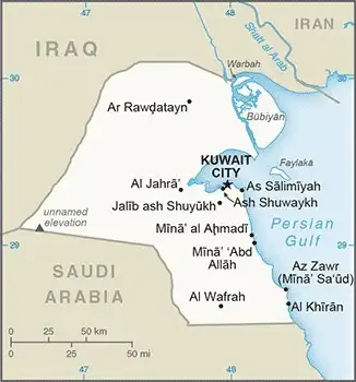 Kuwait Map graphic showing major cities and names of neighboring countries