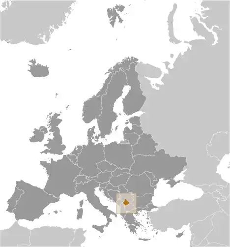 Locator Map of Kosovo showing the country on the continent in color