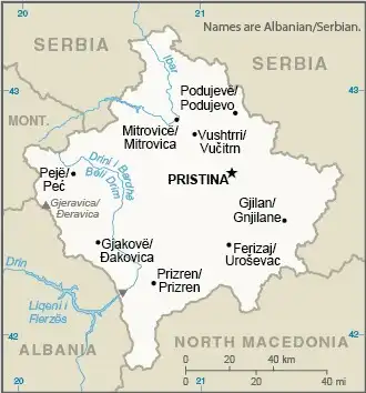 Kosovo Map graphic showing major cities and names of neighboring countries