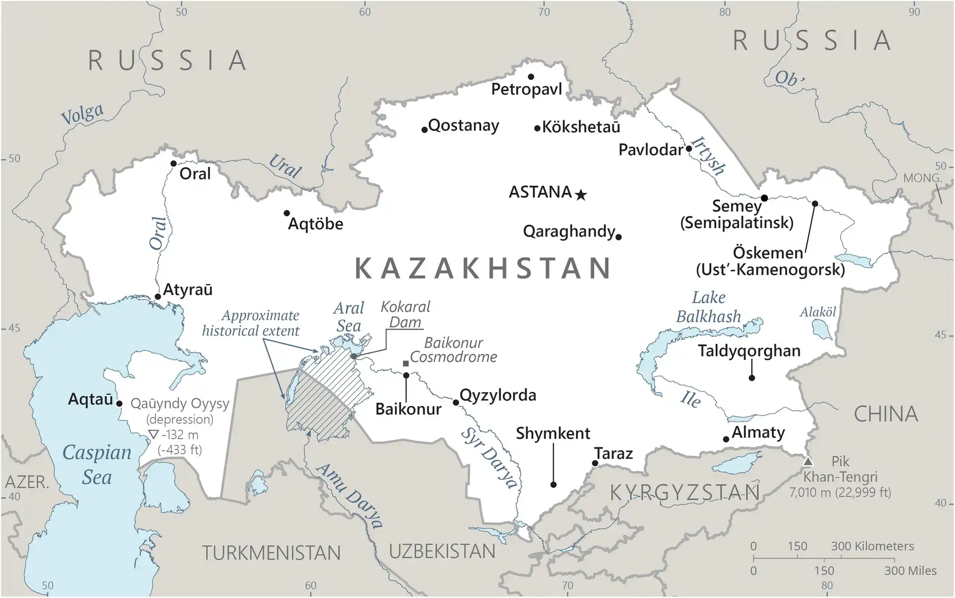 Kazakhstan Map graphic showing major cities and names of neighboring countries