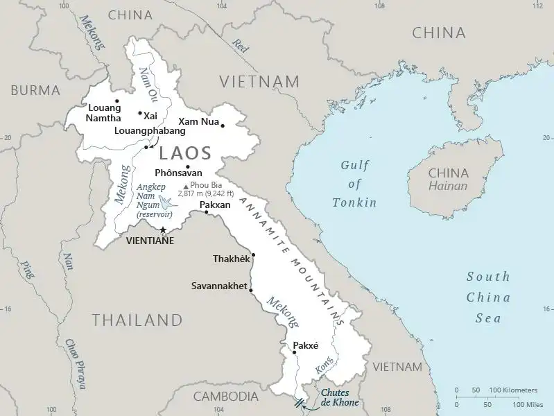 Laos Map graphic showing major cities and names of neighboring countries