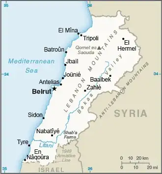 Lebanon Map graphic showing major cities and names of neighboring countries