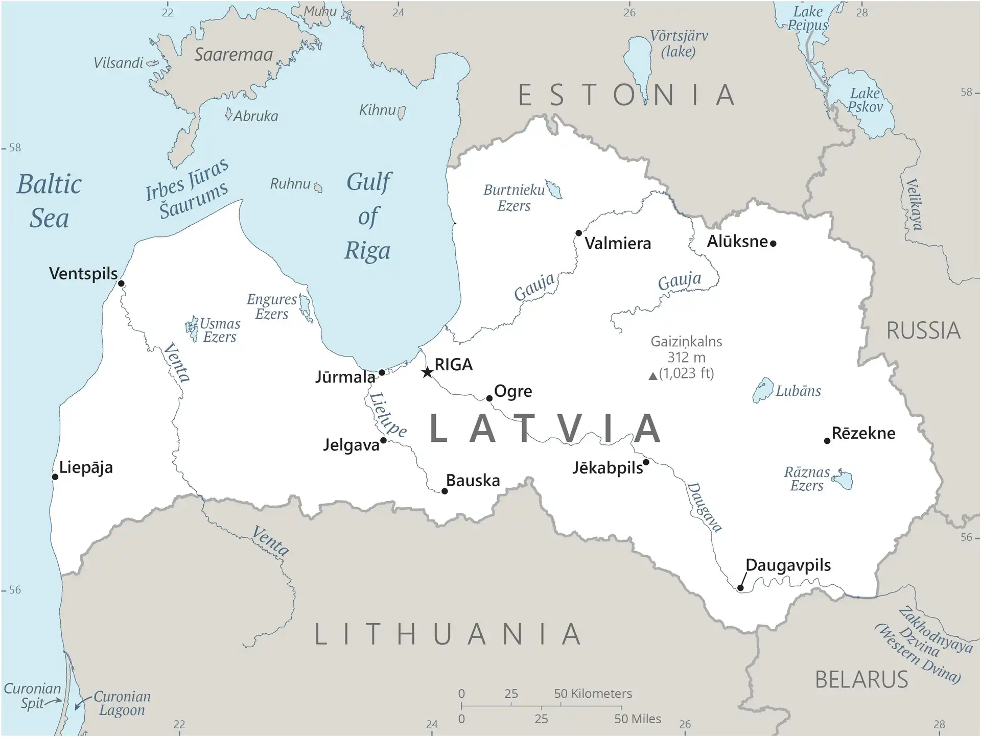 Latvia Map graphic showing major cities and names of neighboring countries