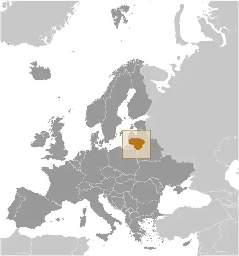 Locator Map of Lithuania showing the country on the continent in color