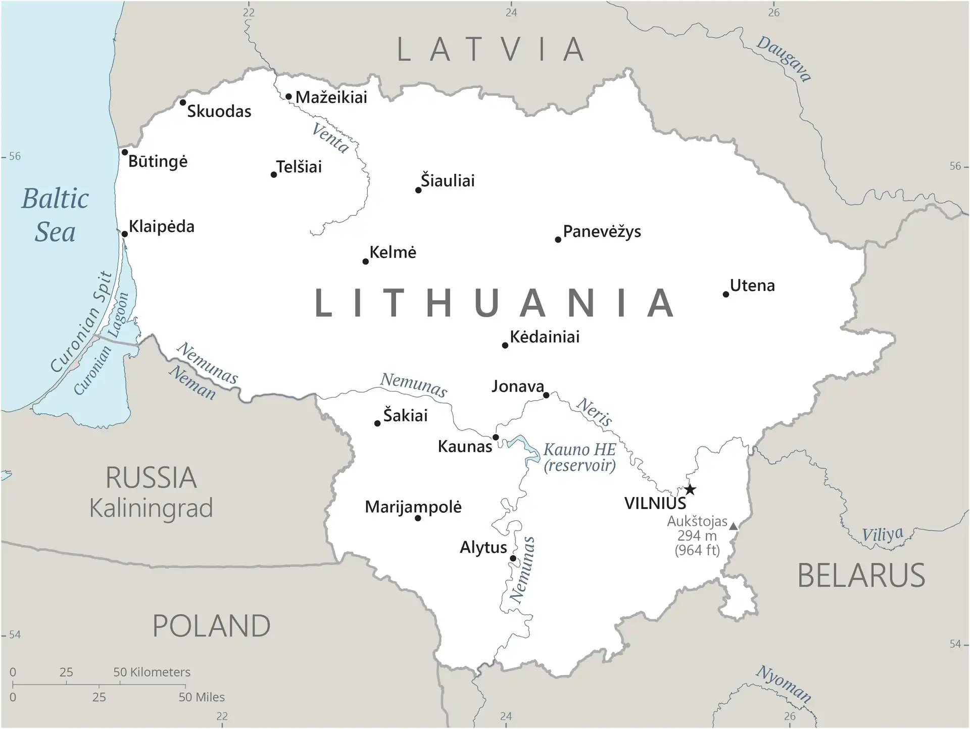 Lithuania Map graphic showing major cities and names of neighboring countries