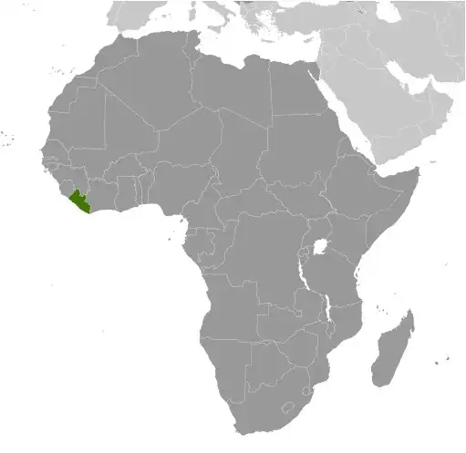 Locator Map of Liberia showing the country on the continent in color