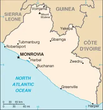 Liberia Map graphic showing major cities and names of neighboring countries