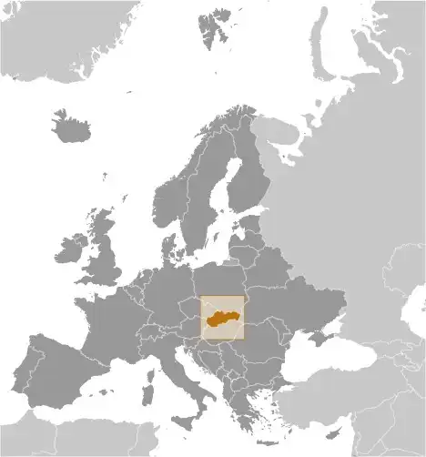 Locator Map of Slovakia showing the country on the continent in color