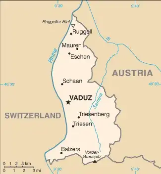 Liechtenstein Map graphic showing major cities and names of neighboring countries