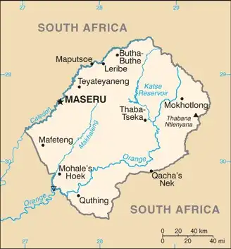 Lesotho Map graphic showing major cities and names of neighboring countries