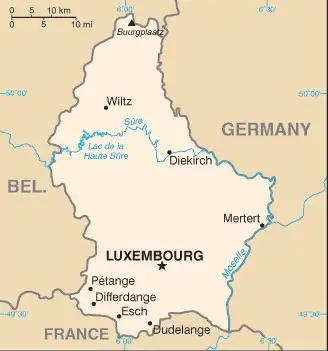 Luxembourg Map graphic showing major cities and names of neighboring countries