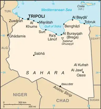 Libya Map graphic showing major cities and names of neighboring countries