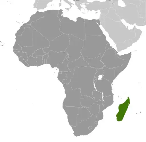 Locator Map of Madagascar showing the country on the continent in color
