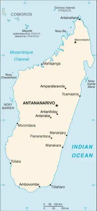 Madagascar Map graphic showing major cities and names of neighboring countries