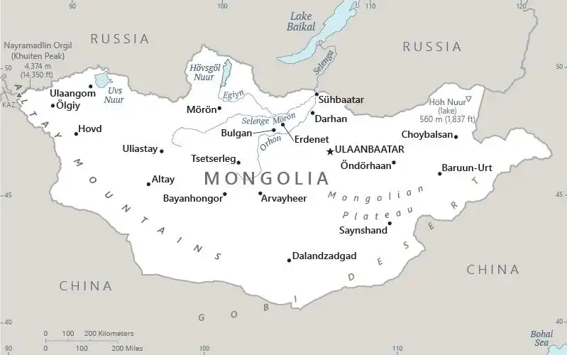 Mongolia Map graphic showing major cities and names of neighboring countries