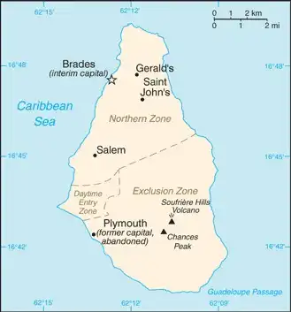 Montserrat Map graphic showing major cities and names of neighboring countries