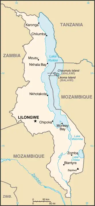 Malawi Map graphic showing major cities and names of neighboring countries