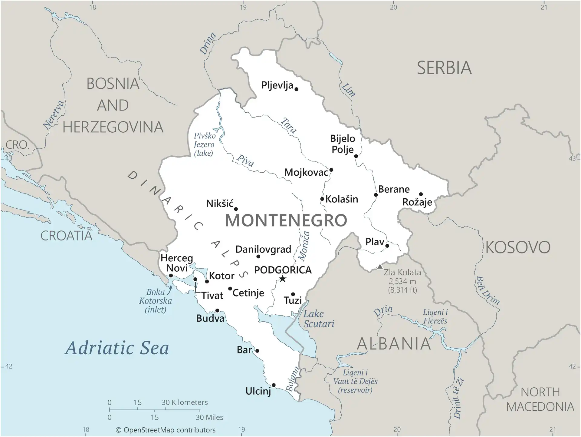 Montenegro Map graphic showing major cities and names of neighboring countries